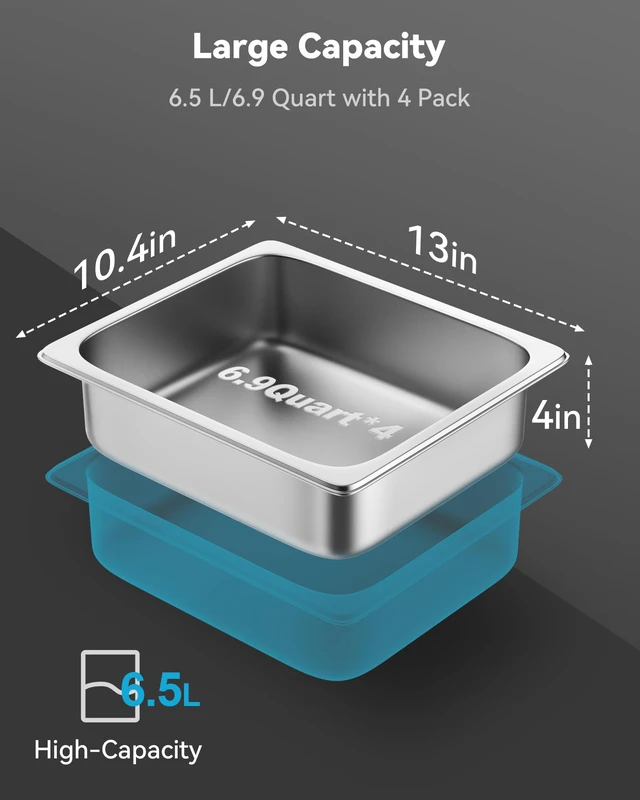 Alt view image 3 of 7 - Hotel Pans with Lids, 4 Pack 1/2 Size 4" Deep Stainless Steel Steam Table Pan, 22 Gauge Anti Jam, Commercial Catering Food Pans, for Hotel Home Party Restaurant Buffet