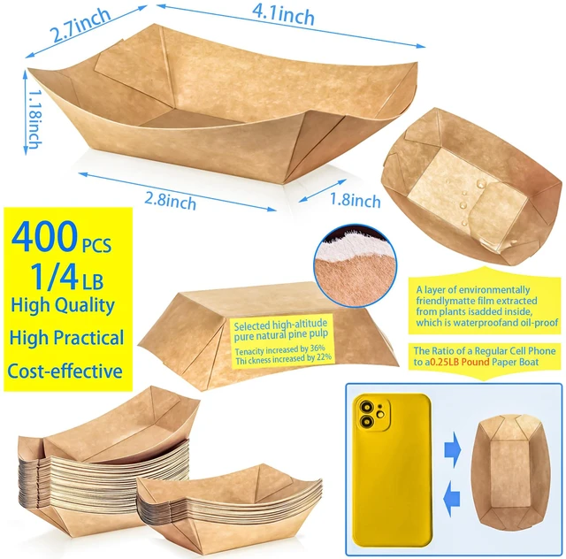 Alt view image 2 of 7 - 400 Pack 1/4Lb Paper Food Boat Trays Disposable Small Paper Boats Plates Containers, 0.25Lb Mini Kraft Food Serving Boat Tray Baskets for Snack Fries Dessert Popcorn Sauce BBQ Tacos Nacho
