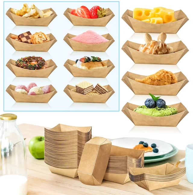 Alt view image 4 of 7 - 400 Pack 1/4Lb Paper Food Boat Trays Disposable Small Paper Boats Plates Containers, 0.25Lb Mini Kraft Food Serving Boat Tray Baskets for Snack Fries Dessert Popcorn Sauce BBQ Tacos Nacho