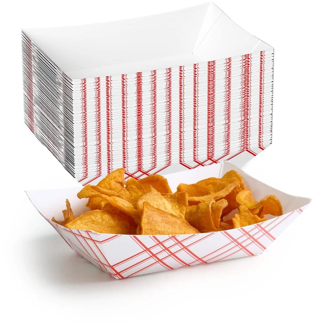 Main image of 100 Pack 2lb Paper Food Tray Red, Disposable Paper Boat for Nacho Food Holder Trays, Serving Boats for Taco Hot Dog Snack Fries Dessert Popcorn Sauce