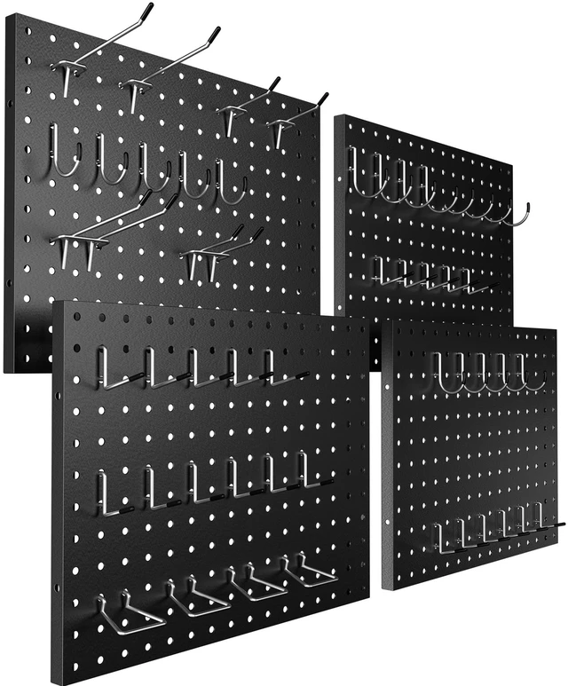 Main image of Heavy Duty Peg Board, 4 Pack Metal Pegboard Panels with 50 Hooks Black Pegboard Organizer - Heavy Duty Wall Mount Storage System for Garage Tools, Workbench, Office & Home Organization