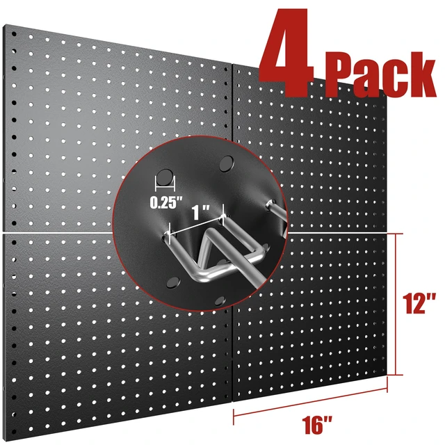 Alt view image 3 of 7 - Heavy Duty Peg Board, 4 Pack Metal Pegboard Panels with 50 Hooks Black Pegboard Organizer - Heavy Duty Wall Mount Storage System for Garage Tools, Workbench, Office & Home Organization