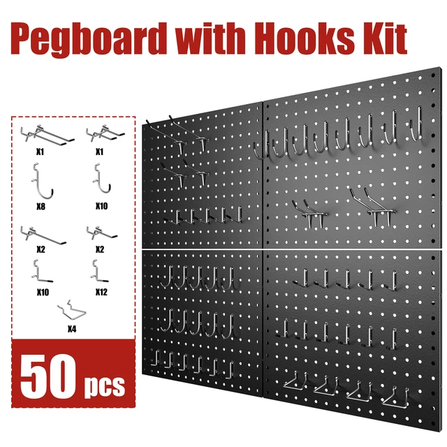 Alt view image 5 of 7 - Heavy Duty Peg Board, 4 Pack Metal Pegboard Panels with 50 Hooks Black Pegboard Organizer - Heavy Duty Wall Mount Storage System for Garage Tools, Workbench, Office & Home Organization