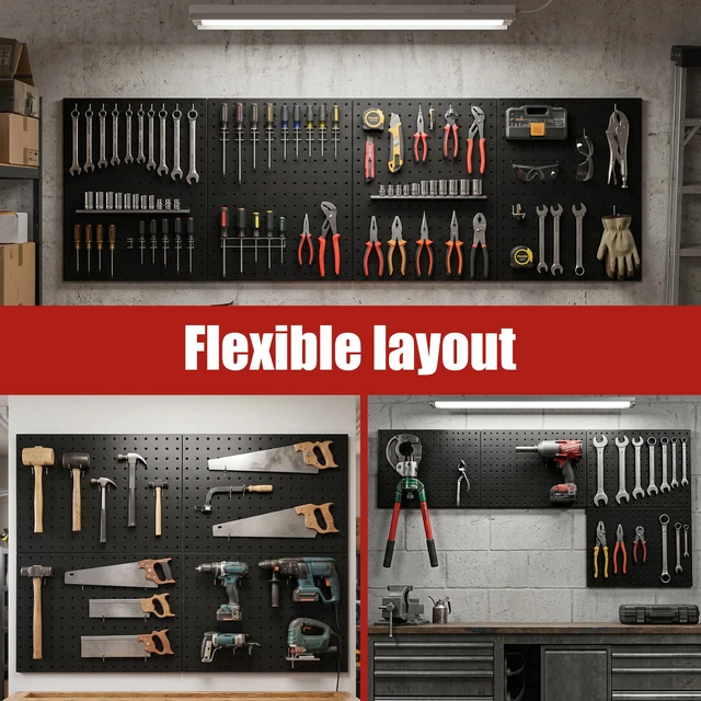 Alt view image 7 of 7 - Heavy Duty Peg Board, 4 Pack Metal Pegboard Panels with 50 Hooks Black Pegboard Organizer - Heavy Duty Wall Mount Storage System for Garage Tools, Workbench, Office & Home Organization