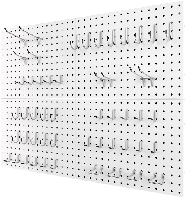 Main image of Heavy Duty Peg Board, 4 Pack Metal Pegboard Panels with 50 Hooks White Pegboard Organizer - Heavy Duty Wall Mount Storage System for Garage Tools, Workbench, Office & Home Organization