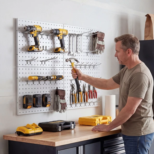 Alt view image 2 of 7 - Heavy Duty Peg Board, 4 Pack Metal Pegboard Panels with 50 Hooks White Pegboard Organizer - Heavy Duty Wall Mount Storage System for Garage Tools, Workbench, Office & Home Organization