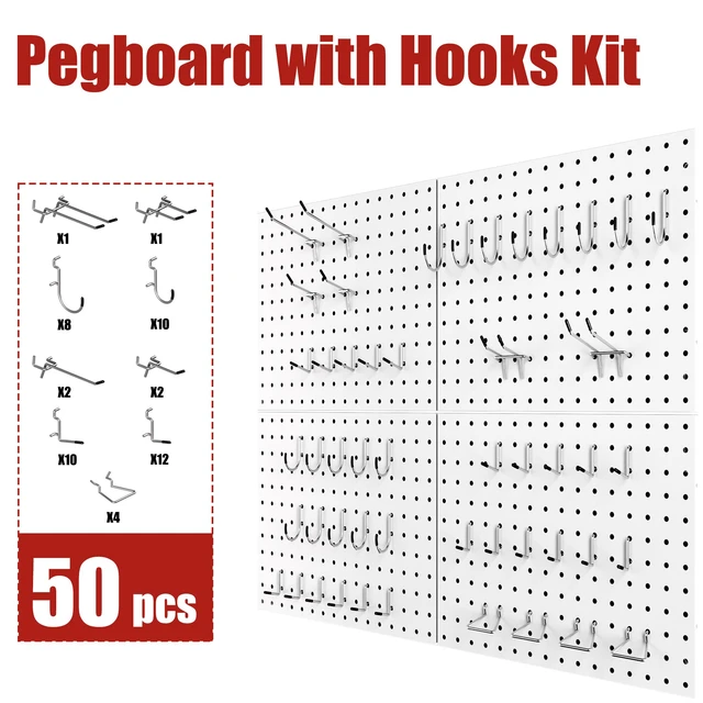 Alt view image 5 of 7 - Heavy Duty Peg Board, 4 Pack Metal Pegboard Panels with 50 Hooks White Pegboard Organizer - Heavy Duty Wall Mount Storage System for Garage Tools, Workbench, Office & Home Organization