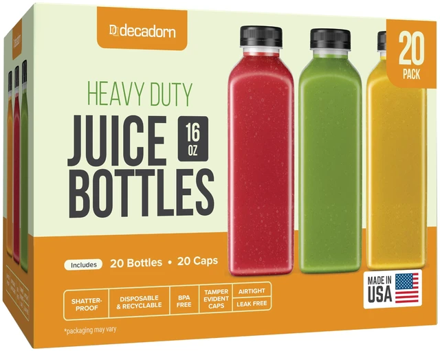 Main image of 16 oz Juice Bottles with Caps, 20 Pack, Made in USA BPA-Free Plastic Bottles, Tamper-Evident Lids, Leak-Resistant, Shatterproof, Disposable & Recyclable, for Juicing & Fridge