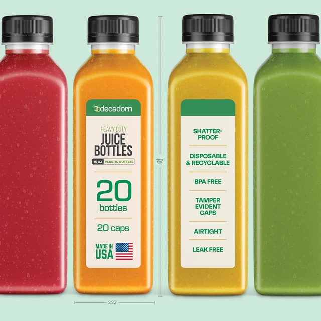 Alt view image 2 of 7 - 16 oz Juice Bottles with Caps, 20 Pack, Made in USA BPA-Free Plastic Bottles, Tamper-Evident Lids, Leak-Resistant, Shatterproof, Disposable & Recyclable, for Juicing & Fridge