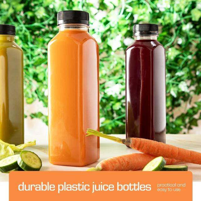 Alt view image 3 of 7 - 16 oz Juice Bottles with Caps, 20 Pack, Made in USA BPA-Free Plastic Bottles, Tamper-Evident Lids, Leak-Resistant, Shatterproof, Disposable & Recyclable, for Juicing & Fridge