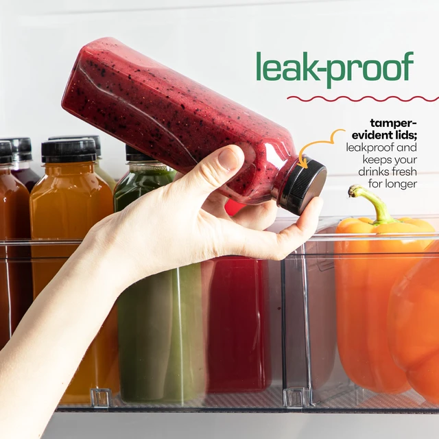 Alt view image 5 of 7 - 16 oz Juice Bottles with Caps, 20 Pack, Made in USA BPA-Free Plastic Bottles, Tamper-Evident Lids, Leak-Resistant, Shatterproof, Disposable & Recyclable, for Juicing & Fridge