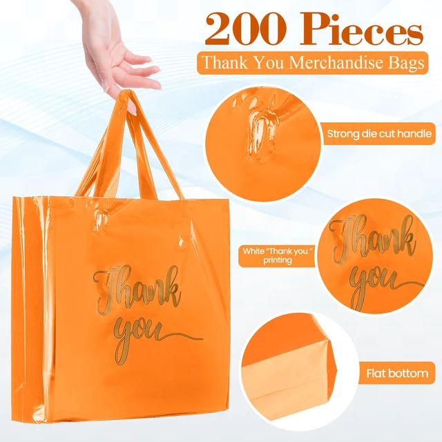 Alt view image 2 of 7 - 200 Pcs Thank You Shopping Bags with Handle,Orange Plastic Retail Packets for Small Business, Boutique Shops, 3 Sizes 9x12 12x15 15x18 in, Merchandise Packaging with Handles