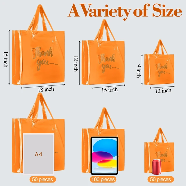 Alt view image 3 of 7 - 200 Pcs Thank You Shopping Bags with Handle,Orange Plastic Retail Packets for Small Business, Boutique Shops, 3 Sizes 9x12 12x15 15x18 in, Merchandise Packaging with Handles