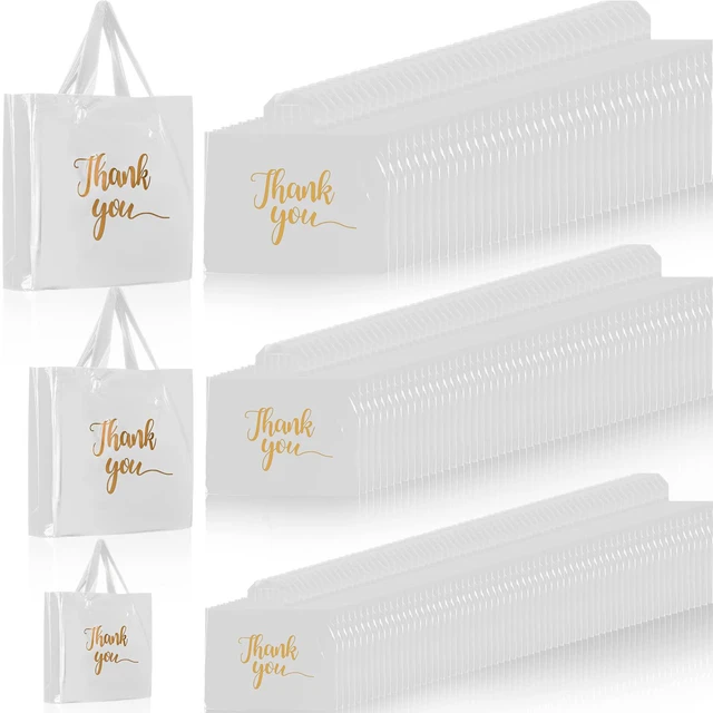 Main image of 200 Pcs Thank You Shopping Bags with Handle,White Plastic Retail Packets for Small Business, Boutique Shops, 3 Sizes 9x12 12x15 15x18 in, Merchandise Packaging with Handles