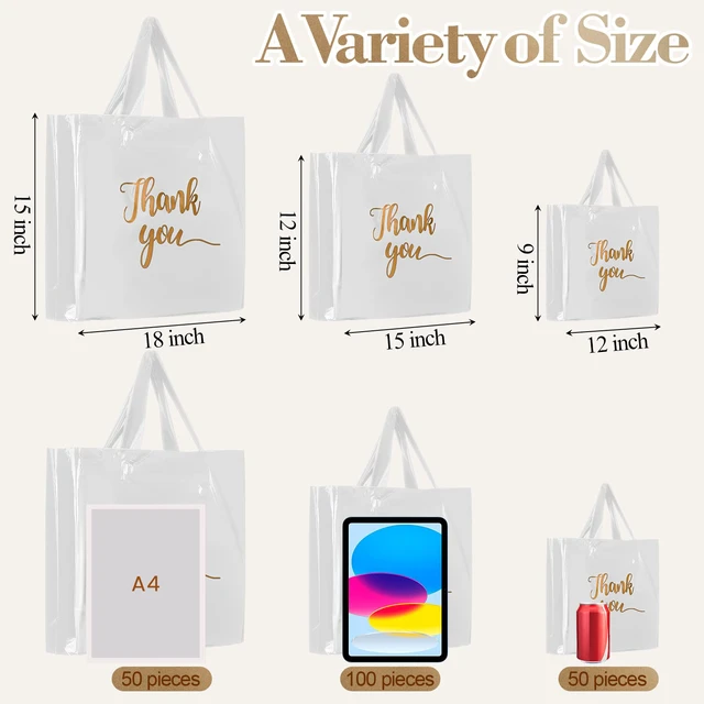 Alt view image 2 of 6 - 200 Pcs Thank You Shopping Bags with Handle,White Plastic Retail Packets for Small Business, Boutique Shops, 3 Sizes 9x12 12x15 15x18 in, Merchandise Packaging with Handles