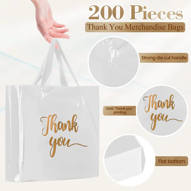 Alt view image 3 of 6 - 200 Pcs Thank You Shopping Bags with Handle,White Plastic Retail Packets for Small Business, Boutique Shops, 3 Sizes 9x12 12x15 15x18 in, Merchandise Packaging with Handles