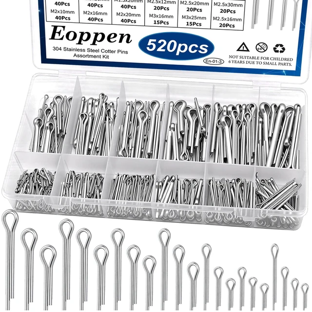 Main image of 520Pcs Cotter Pin Assortment Kit - 304 Stainless Steel 24 Sizes Small Cotter Pin Set for Automotive, Trailer, Hitch Pin Lock System