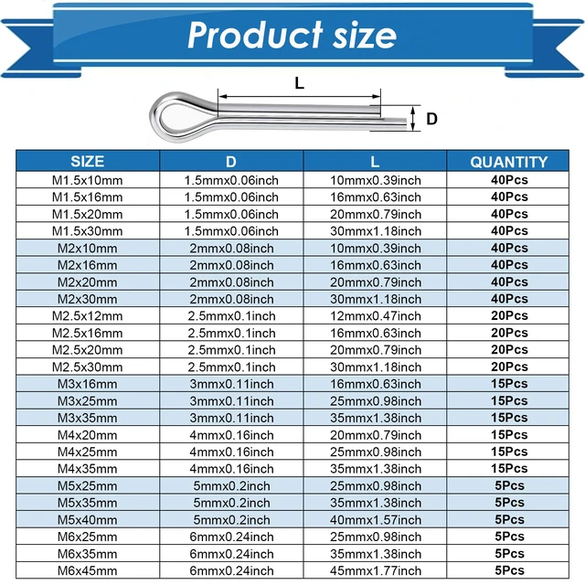 Alt view image 2 of 6 - 520Pcs Cotter Pin Assortment Kit - 304 Stainless Steel 24 Sizes Small Cotter Pin Set for Automotive, Trailer, Hitch Pin Lock System