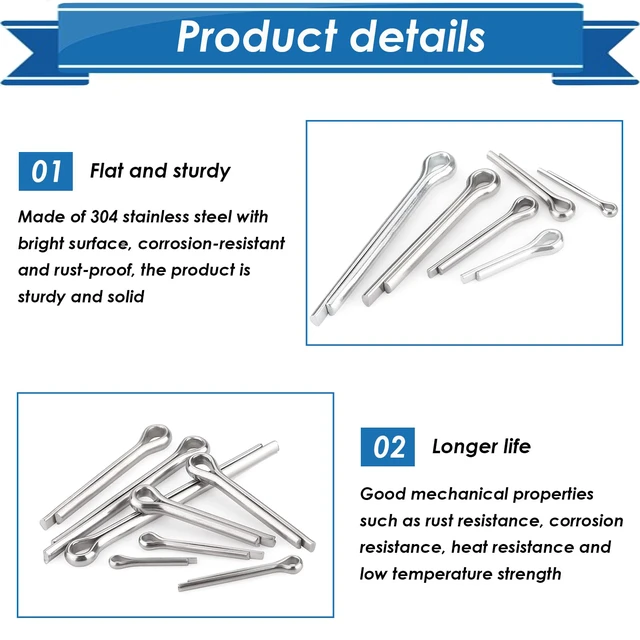 Alt view image 3 of 6 - 520Pcs Cotter Pin Assortment Kit - 304 Stainless Steel 24 Sizes Small Cotter Pin Set for Automotive, Trailer, Hitch Pin Lock System