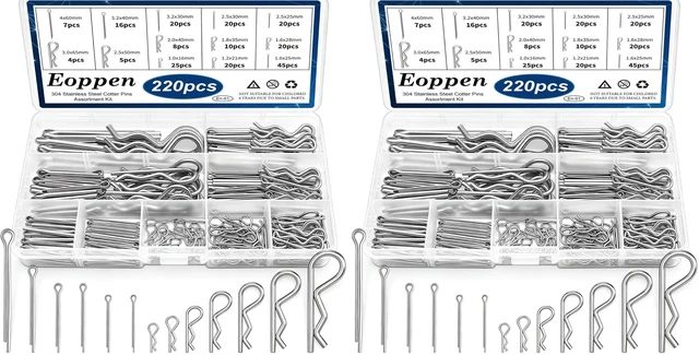 Main image of 220Pcs Cotter Pin Assortment Kit 304 Stainless Steel 13 Sizes Cotter Pins & R Clips Cotter Pin Set for Hitch Pin Lock Systems (Pack of 2)