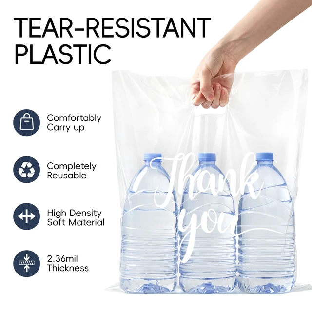 Alt view image 3 of 7 - 100 Pack Clear Thank You Shopping Bags for Small Business 15x18 In Extra Thick 2.36 Mil, Plastic Thank you bags with Handle, For Retail, Boutique, Clothes, Party Favors, Craft Fairs, Gift
