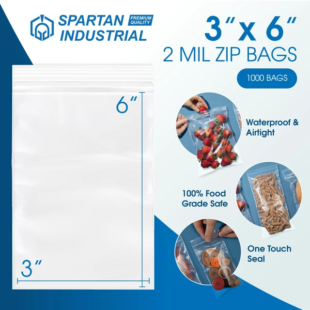 Alt view image 2 of 6 - 3 X 6 (1000 Count) 2 Mil Clear Reclosable Zip Plastic Poly Bags with Resealable Lock Seal Zipper