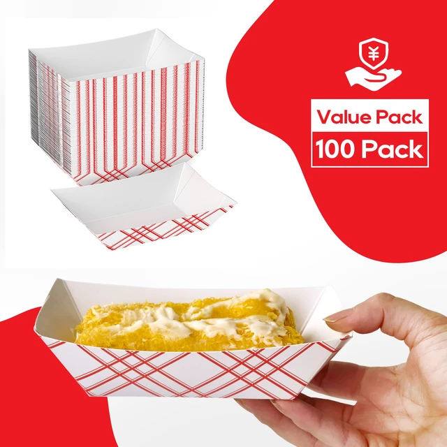 Alt view image 2 of 7 - 100 Pack 2lb Paper Food Tray Red, Disposable Paper Boat for Nacho Food Holder Trays, Serving Boats for Taco Hot Dog Snack Fries Dessert Popcorn Sauce