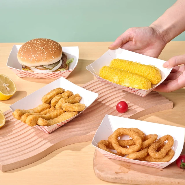 Alt view image 7 of 7 - 100 Pack 2lb Paper Food Tray Red, Disposable Paper Boat for Nacho Food Holder Trays, Serving Boats for Taco Hot Dog Snack Fries Dessert Popcorn Sauce