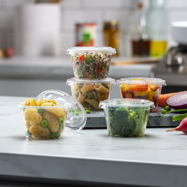 Alt view image 4 of 7 - {4 oz - 100 Sets} Clear Diposable Plastic Portion Cups With Lids, Small Mini Containers For Portion Controll, Jello Shots, Meal Prep, Sauce Cups, Slime, Condiments, Medicine, Dressings, Crafts