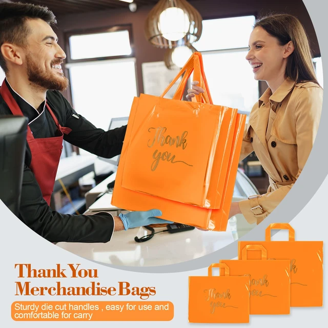 Alt view image 4 of 7 - 200 Pcs Thank You Shopping Bags with Handle,Orange Plastic Retail Packets for Small Business, Boutique Shops, 3 Sizes 9x12 12x15 15x18 in, Merchandise Packaging with Handles