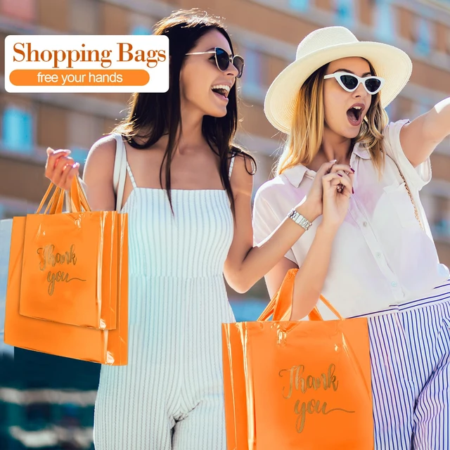 Alt view image 6 of 7 - 200 Pcs Thank You Shopping Bags with Handle,Orange Plastic Retail Packets for Small Business, Boutique Shops, 3 Sizes 9x12 12x15 15x18 in, Merchandise Packaging with Handles