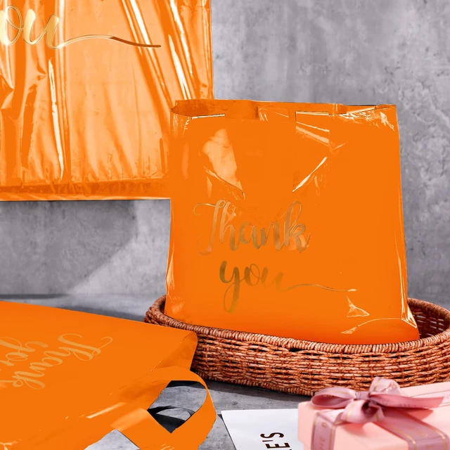 Alt view image 7 of 7 - 200 Pcs Thank You Shopping Bags with Handle,Orange Plastic Retail Packets for Small Business, Boutique Shops, 3 Sizes 9x12 12x15 15x18 in, Merchandise Packaging with Handles