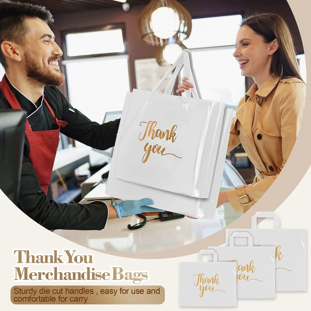 Alt view image 4 of 6 - 200 Pcs Thank You Shopping Bags with Handle,White Plastic Retail Packets for Small Business, Boutique Shops, 3 Sizes 9x12 12x15 15x18 in, Merchandise Packaging with Handles