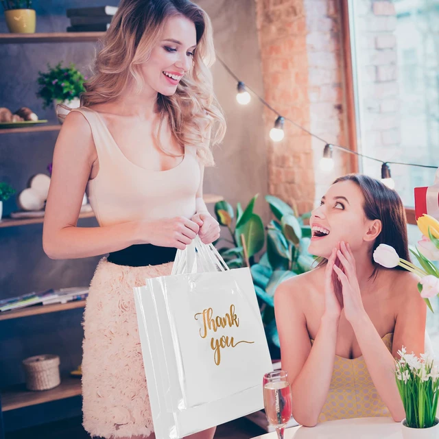 Alt view image 5 of 6 - 200 Pcs Thank You Shopping Bags with Handle,White Plastic Retail Packets for Small Business, Boutique Shops, 3 Sizes 9x12 12x15 15x18 in, Merchandise Packaging with Handles