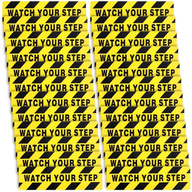 Main image of 24 Pieces Watch Your Step Floor Stickers Anti Slip Abrasive Safety 6x24 in Caution Decals for Stairs, Adhesive Warning Tape for Wet Surfaces, Non-slip Grit Texture, Workplace Safety Signs