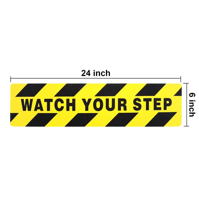 Alt view image 2 of 7 - 24 Pieces Watch Your Step Floor Stickers Anti Slip Abrasive Safety 6x24 in Caution Decals for Stairs, Adhesive Warning Tape for Wet Surfaces, Non-slip Grit Texture, Workplace Safety Signs