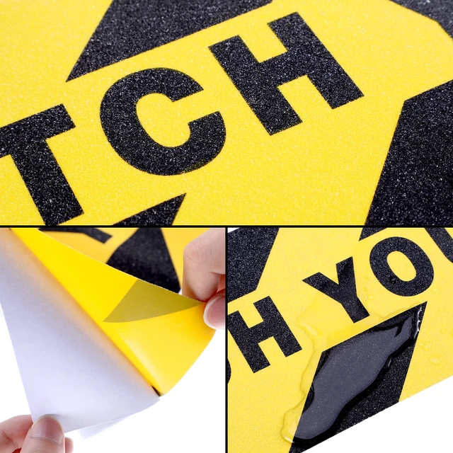 Alt view image 6 of 7 - 24 Pieces Watch Your Step Floor Stickers Anti Slip Abrasive Safety 6x24 in Caution Decals for Stairs, Adhesive Warning Tape for Wet Surfaces, Non-slip Grit Texture, Workplace Safety Signs