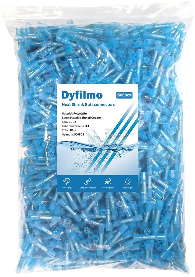 Main image of Heat Shrink Butt Connectors - 500Pcs 16-14 AWG Blue Waterproof Electrical Wire Connectors Automotive Marine Grade Wire Crimp Terminals Butt Splices for Cable,Boat,Home Electrical etc
