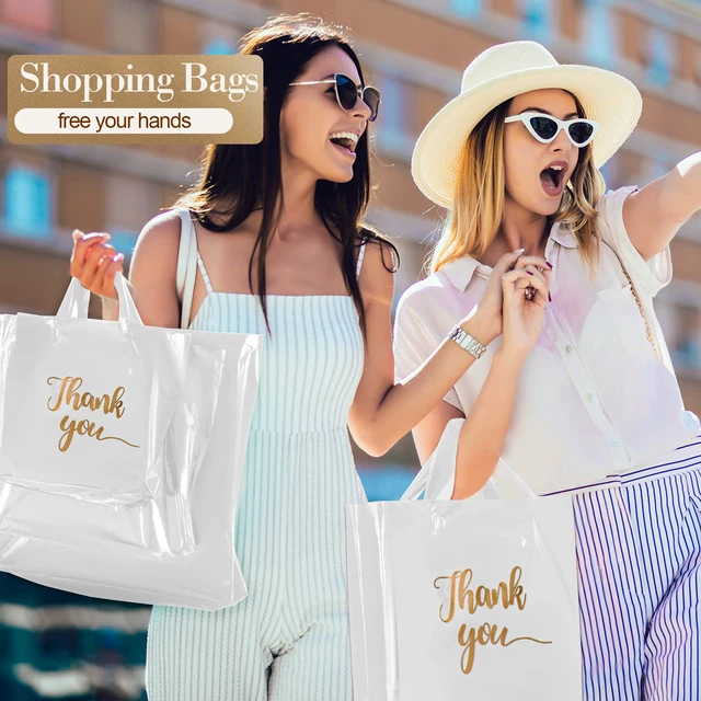 Alt view image 6 of 6 - 200 Pcs Thank You Shopping Bags with Handle,White Plastic Retail Packets for Small Business, Boutique Shops, 3 Sizes 9x12 12x15 15x18 in, Merchandise Packaging with Handles