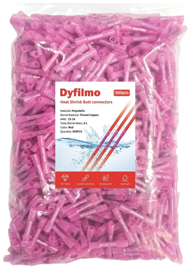 Main image of Heat Shrink Butt Connectors - 500Pcs 22-16 AWG Red Waterproof Electrical Wire Connectors Automotive Marine Grade Wire Crimp Terminals Butt Splices for Cable,Boat,Home Electrical etc