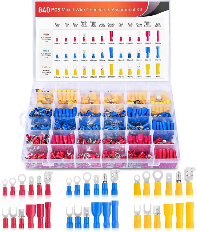 Main image of 840PCS Mixed Quick Disconnect Electrical Insulated Crimp Terminals Butt Bullet Spade Bullet Fork Ring Solderless butt Splice piggyback Male Female Connector Assortment Kit for 22-10 AWG Wire