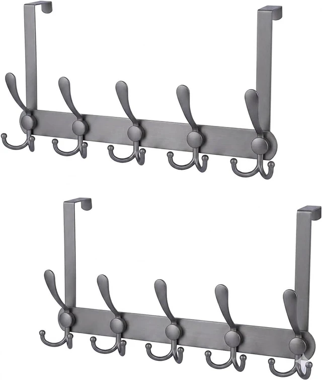 Main image of Over The Door Hooks (2-Pack), Heavy Duty Door Hanger with 5 Tri-Hooks for Hanging Clothes, Coats, Towels, Matte Gray OTD Storage Rack, Fits Standard 1-3/4" Doors, 60 lbs Max Per Rack