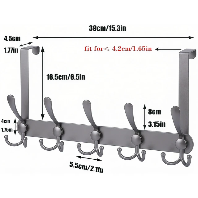 Alt view image 2 of 7 - Over The Door Hooks (2-Pack), Heavy Duty Door Hanger with 5 Tri-Hooks for Hanging Clothes, Coats, Towels, Matte Gray OTD Storage Rack, Fits Standard 1-3/4" Doors, 60 lbs Max Per Rack