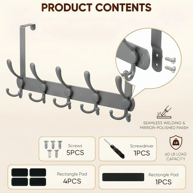 Alt view image 3 of 7 - Over The Door Hooks (2-Pack), Heavy Duty Door Hanger with 5 Tri-Hooks for Hanging Clothes, Coats, Towels, Matte Gray OTD Storage Rack, Fits Standard 1-3/4" Doors, 60 lbs Max Per Rack