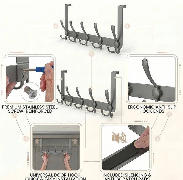 Alt view image 4 of 7 - Over The Door Hooks (2-Pack), Heavy Duty Door Hanger with 5 Tri-Hooks for Hanging Clothes, Coats, Towels, Matte Gray OTD Storage Rack, Fits Standard 1-3/4" Doors, 60 lbs Max Per Rack