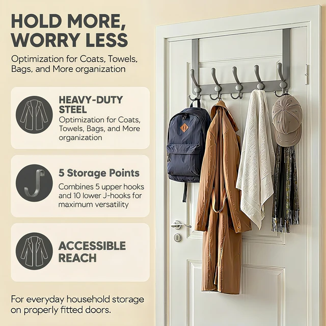 Alt view image 5 of 7 - Over The Door Hooks (2-Pack), Heavy Duty Door Hanger with 5 Tri-Hooks for Hanging Clothes, Coats, Towels, Matte Gray OTD Storage Rack, Fits Standard 1-3/4" Doors, 60 lbs Max Per Rack