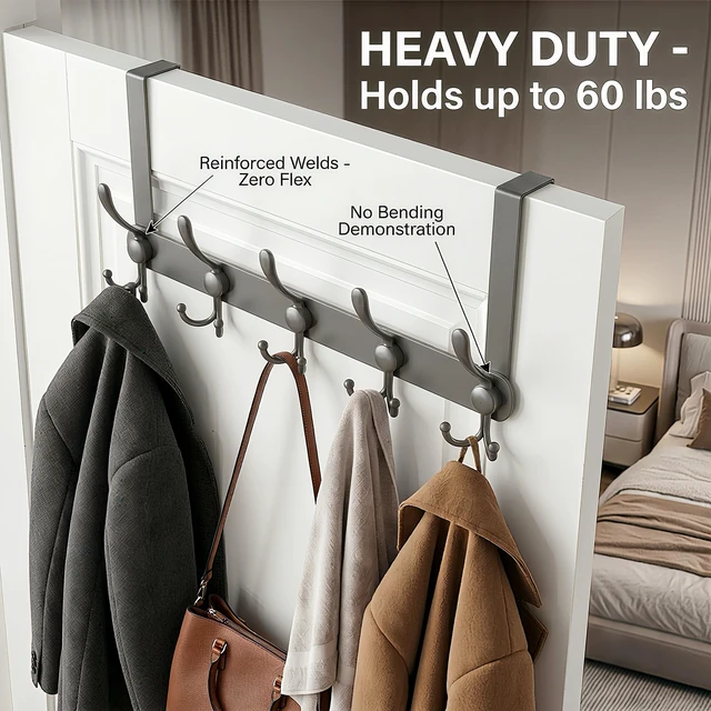 Alt view image 6 of 7 - Over The Door Hooks (2-Pack), Heavy Duty Door Hanger with 5 Tri-Hooks for Hanging Clothes, Coats, Towels, Matte Gray OTD Storage Rack, Fits Standard 1-3/4" Doors, 60 lbs Max Per Rack