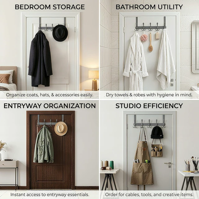 Alt view image 7 of 7 - Over The Door Hooks (2-Pack), Heavy Duty Door Hanger with 5 Tri-Hooks for Hanging Clothes, Coats, Towels, Matte Gray OTD Storage Rack, Fits Standard 1-3/4" Doors, 60 lbs Max Per Rack