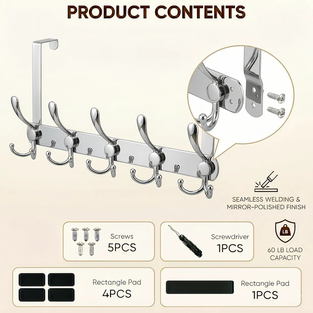 Alt view image 3 of 7 - Over The Door Hooks,Coat Rack for Hanging Clothes Hat Towel (Heavy Duty Silver 2pcs)