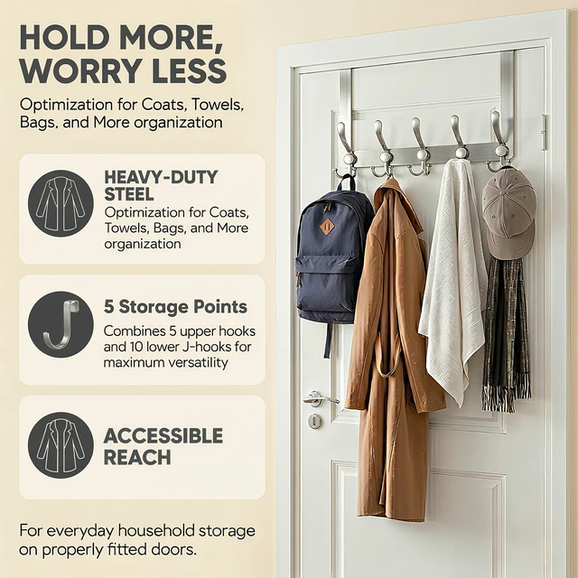 Alt view image 5 of 7 - Over The Door Hooks,Coat Rack for Hanging Clothes Hat Towel (Heavy Duty Silver 2pcs)